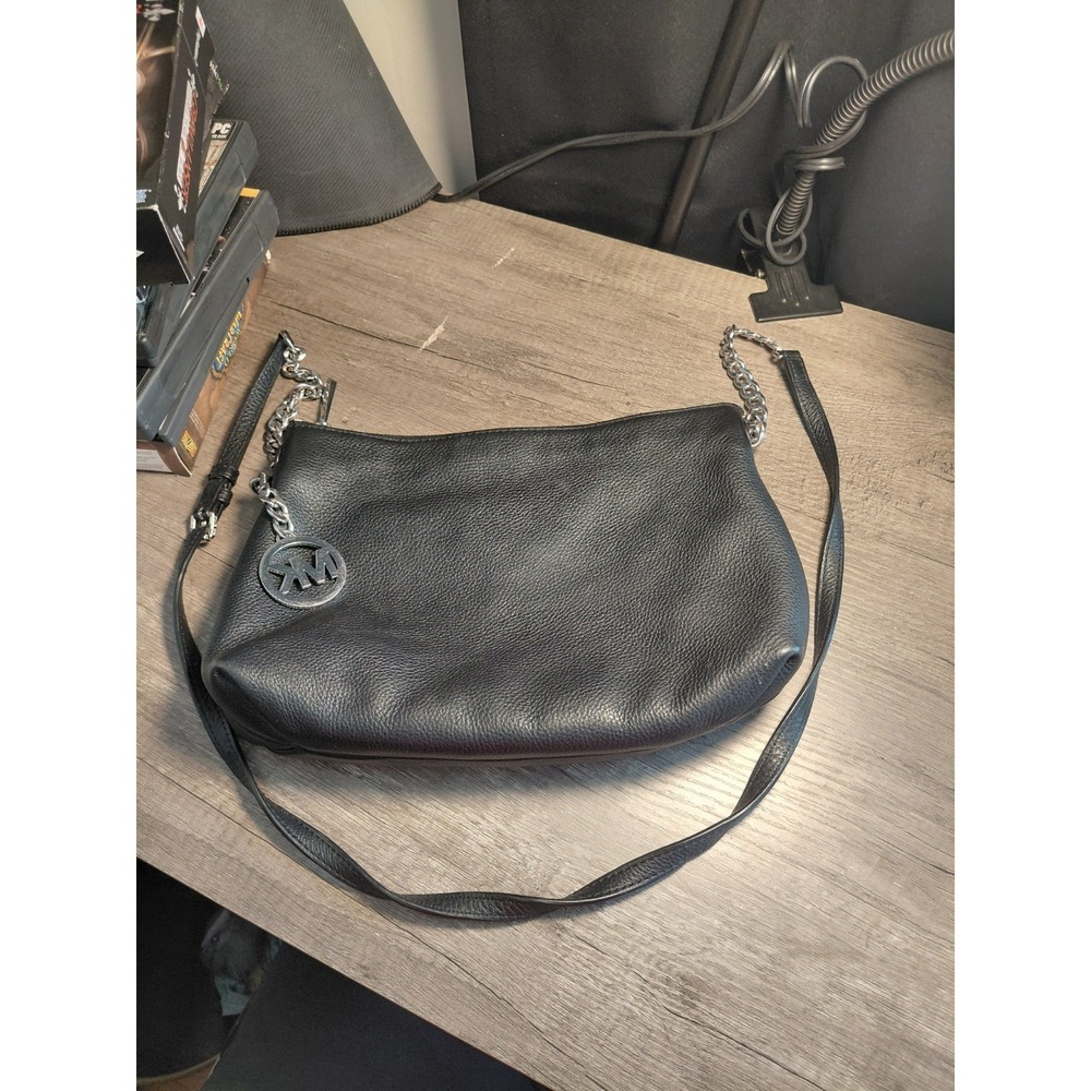 Michael Kors Black Pebbled Shoulder Bag with Logo Charm Chain Strap Women